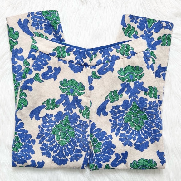 Boden Pants - SOLD-Boden Blue & Green Damask Printed Cream Cropped Linen Pants